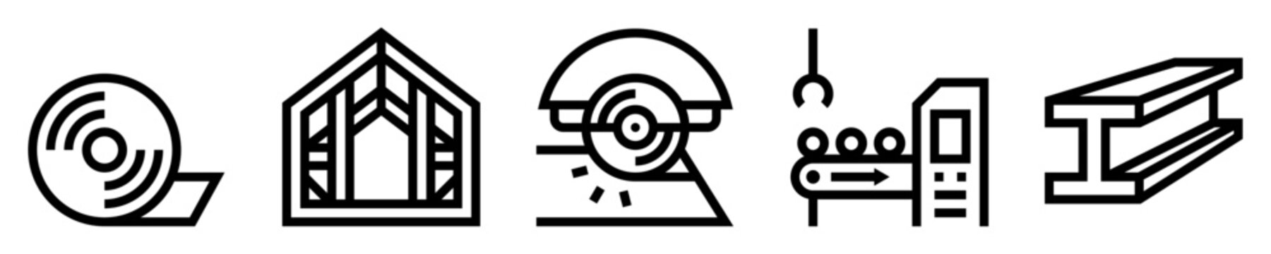 Conjunto de iconos de acero. Manufactura. Bobina, estructura, sierra circular, línea de producción, barra. Ilustración vectorial