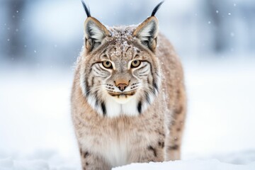 AI generated illustration of a majestic lynx standing in a wintry forest, gazing at the camera