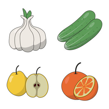 Frutand Vegetable With Cartoon Design. Vector Illustration Set. 