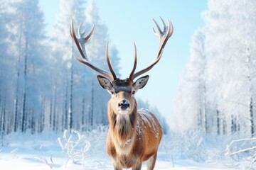 AI generated illustration of a majestic reindeer in a wintery forest with a snow-covered landscape