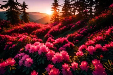 Photo sur Plexiglas Azalée Summer sunset with rhododendron blooms is beautiful. Carpathian Mountains, Ukraine, and Europe are the locations. vivid wallpaper with a photo. Picture of lovely pink flowers.