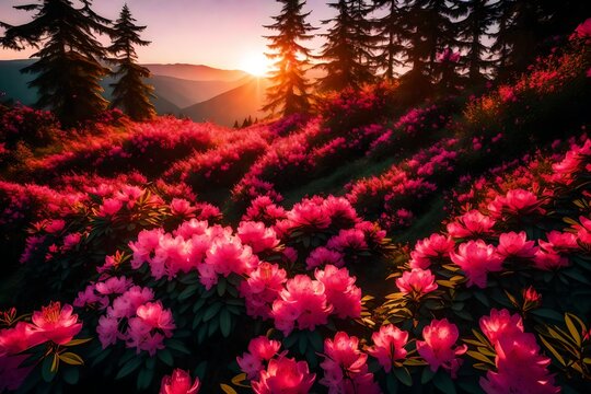 Summer sunset with rhododendron blooms is beautiful. Carpathian Mountains, Ukraine, and Europe are the locations. vivid wallpaper with a photo. Picture of lovely pink flowers.