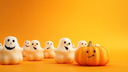 Halloween ghosts with funny pumpkin on orange background. Happy halloween holiday concept.