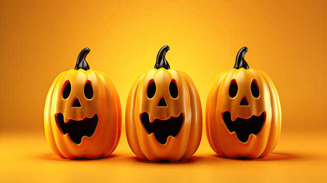Halloween ghosts with funny pumpkin on orange background. Happy halloween holiday concept.