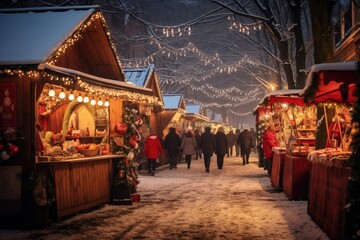 The warm glow of holiday stalls at a Christmas market offers a cozy atmosphere on a snowy evening.