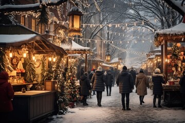 Visitors stroll through a snowy Christmas market at dusk, with lights and decorations adding a magical touch to the wintry atmosphere. - obrazy, fototapety, plakaty