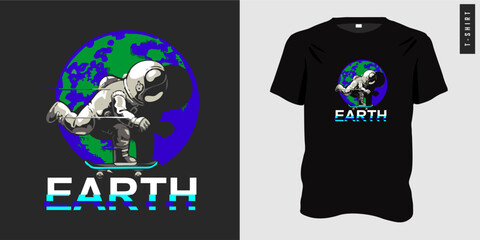 Skating Astronaut graphic t-shirt design ready to print. Typography style with image of astronaut skating on earth, space symbols, surfboard. Vector illustration