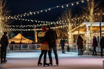 A couple embraces lovingly on an ice rink illuminated by warm lights on a winter evening.