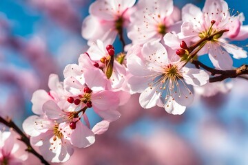 Detail of a pink cherry flower branch on a blossom in close-up, against a soft, distant background