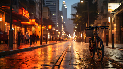 bicycle lane in a bustling city, emphasizing alternative and eco-friendly modes of transportation. arafed view of a wet street with a bicycle on the sidewalk - obrazy, fototapety, plakaty