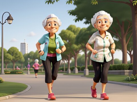 Portrait of a couple of mature women wearing sports clothing jogging in the park, healthy retirement lifestyle. Animated cartoon illustration