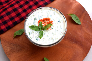 Raita minty sauce with a creamy yogurt top view