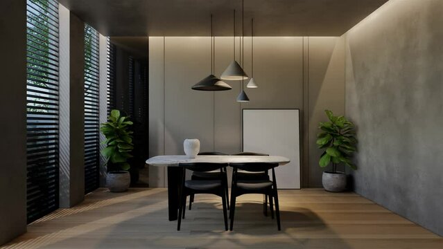 Modern dining room 3D animation, contemporary interior design with natural tones on rooms, walls, floors and ceilings. 3D rendering illustration