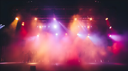 Free stage with lights, Stage light with colored spotlights and smoke. Concert and theatre dark scene