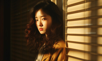 young asian looking at window glass