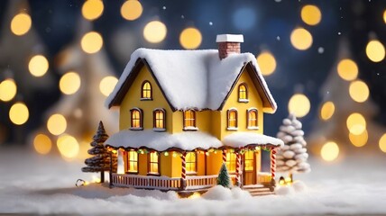 メリークリスマスと新年あけましておめでとうございますのコンセプト、キラキラの背景、雪の積もった小さな黄色の家｜Merry Christmas and Happy New Year concept. Glitter blue background. A small yellow house covered in snow. Generative AI