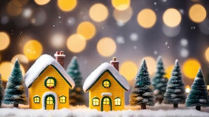 Fototapeta na wymiar メリークリスマスと新年あけましておめでとうございますのコンセプト、キラキラの背景、雪の積もった小さな黄色の家｜Merry Christmas and Happy New Year concept. Glitter blue background. A small yellow house covered in snow. Generative AI
