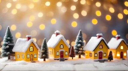 メリークリスマスと新年あけましておめでとうございますのコンセプト、キラキラの背景、雪の積もった小さな黄色の家｜Merry Christmas and Happy New Year concept. Glitter blue background. A small yellow house covered in snow. Generative AI