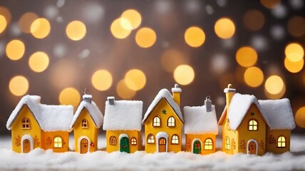 メリークリスマスと新年あけましておめでとうございますのコンセプト、キラキラの背景、雪の積もった小さな黄色の家｜Merry Christmas and Happy New Year concept. Glitter blue background. A small yellow house covered in snow. Generative AI