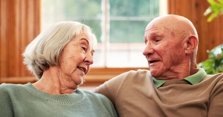 Senior, couple or communication for happy on sofa, marriage or care for support in living room. Elderly man, woman or smile in talking to relax, retirement love or discussion together in family home - Powered by Adobe