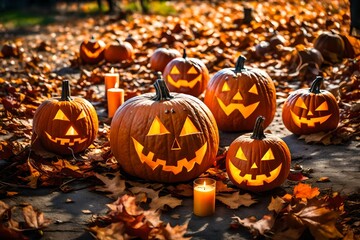 Jack-o-lantern Halloween pumpkins that are spooky in the sun on the ground among dried leaves at a roadway. Funny pumpkin with candles on a candlestick for All Hallows' Eve decoration is displayed