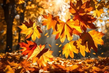 vivacious close-up of falling autumn leaves illuminated by the sun's colorful backlight