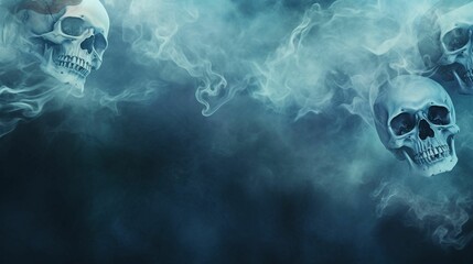 AI generated illustration of skulls visible in a dark, hazy environment with billowing smoke - obrazy, fototapety, plakaty