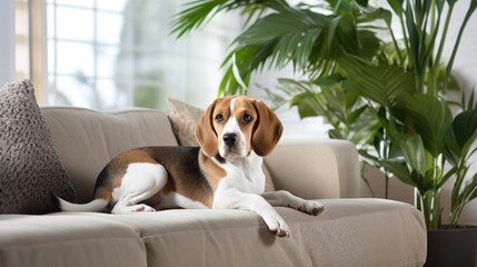 Modern living room interior. Cute beagle on couch. Generative AI. - obrazy, fototapety, plakaty