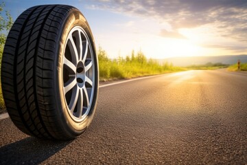 Fototapeta na wymiar Summer tires on the asphalt road in the sun time for summer tires. Generative AI.