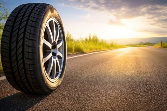 Summer tires on the asphalt road in the sun time for summer tires. Generative AI. © Dusit