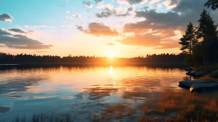 Fototapeta premium sunset over the lake, sunset at coast of the lake. Nature landscape. Nature in northern Europe. reflection, blue sky and yellow sunlight. landscape during sunset.