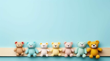 AI generated illustration of a row of cute colorful teddy bears on a blue background