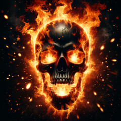 Photo of a blazing skull engulfed in fierce flames, emanating intense heat. The eyes of the skull glow brightly, and sparks fly around it, creating a dramatic and powerful visual.

