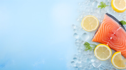 there are three pieces of fish and lemons on ice on blue. It is suitable for food-related projects, such as menus, recipe books, or restaurant advertisements, giving a fresh and appetizing appearance.