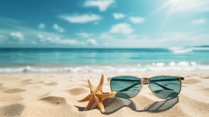 Fototapeta na wymiar AI generated illustration of a pair of sunglasses and a starfish on a sandy beach