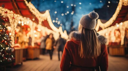 Ai generated illustration of a woman in a red jacket standing in the middle of a Christmas market