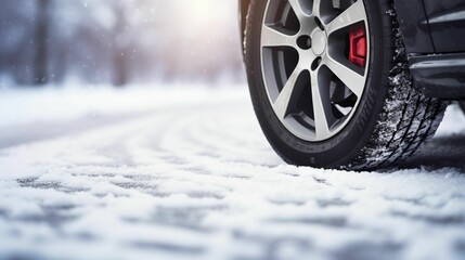 AI generated illustration of a close-up of a car tire on a snowy road