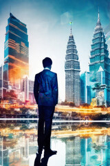 Engineer and the sightly skyscraper, sunset colors