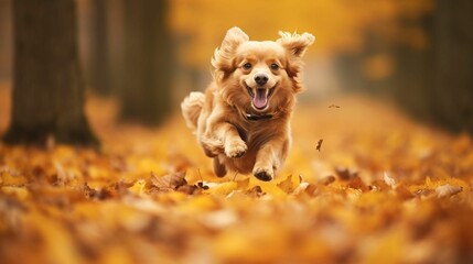 AI generated illustration of an adorable brown dog running joyfully through a pile of autumn leaves - obrazy, fototapety, plakaty