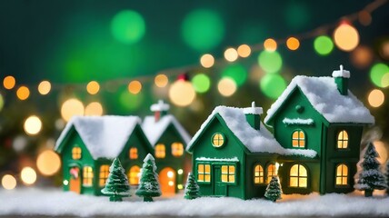 かわいい小さな家、クリスマスと新年のコンセプト、ボケとキラキラなクリスマスライトの背景にコピースペース｜cute little house Christmas and new year concept. Copy space on background of bokeh and twinkling Christmas lights. Generative AI