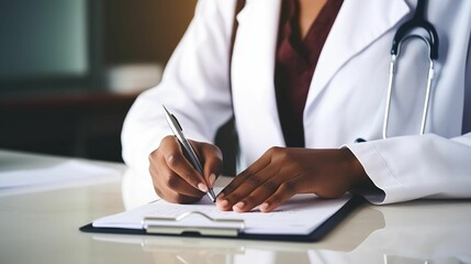 AI generated illustration of a doctor sitting at a desk, writing into a notebook with a pen