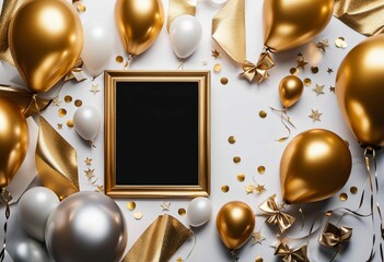 A festive celebration featuring a vibrant display of golden and white balloons and decorative frame