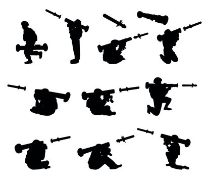 Set of silhouette vector illustrations of soldiers holding anti-tank missiles