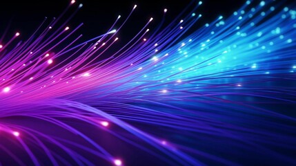 AI generated illustration of multicolored fiber optic cables in blue and purple
