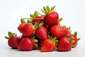 Photo of a pile of succulent strawberries against a clean, flat white background. Generative AI