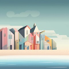 AI generated illustration of abstract colorful houses near the sea