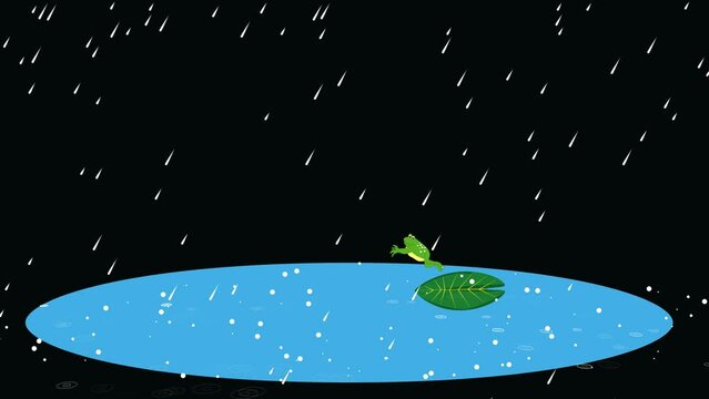 Green frog sits and jump in the pond animation raint weather animation cartoon