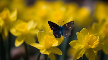 AI generated illustration of a vibrant butterfly resting on a lush daffodils