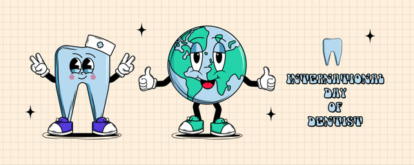 Happy International Day of dentist. Medical, dental and healthcare creative concept. Cute tooth character doctor with face smile in groovy style.