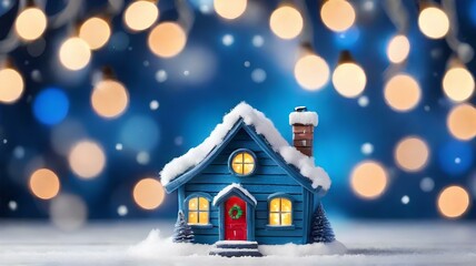 メリークリスマスと新年あけましておめでとうございますのコンセプト、キラキラのイルミネーション背景、雪の積もった小さな青い家｜Merry Christmas and Happy New Year concept. Glitter illumination background. A small blue house covered in snow. Generative AI